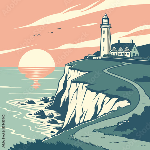 Sunset over coastal cliffs with lighthouse