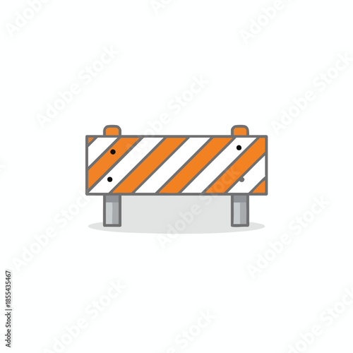 A road construction barricade, with orange and white stripes and two legs