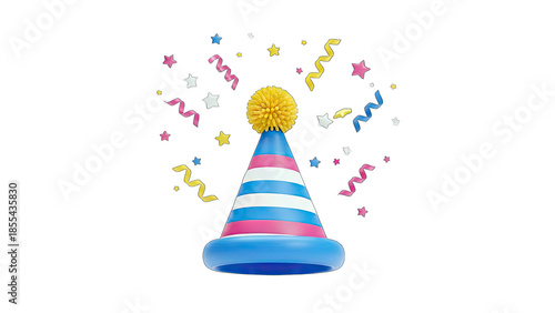 3D Party Hat with Confetti and Stars on transparent background