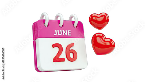 3D Pink Calendar with June 26 and Red Hearts on transparent background