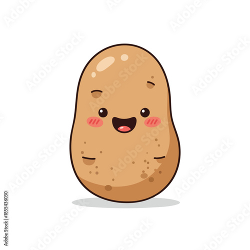 A cheerful cartoon potato with rosy cheeks, smiling, on a white background