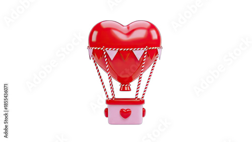 3D Red Heart Hot Air Balloon with Pink Basket and Bunting on transparent background