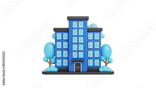 3D Stylized Blue Apartment Building with Trees and Clouds on transparent background