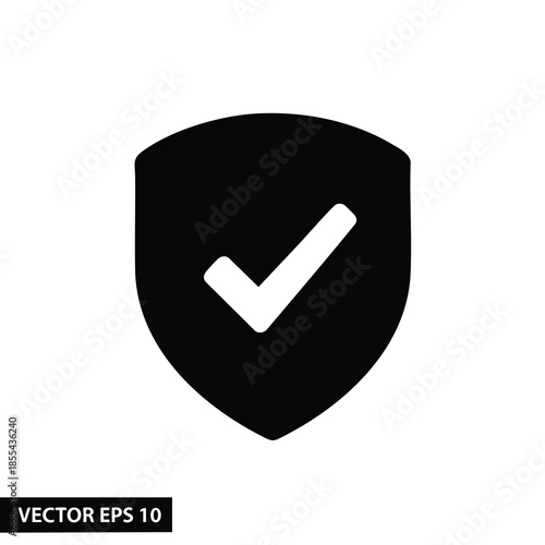 A black shield icon with a white checkmark inside, on a white background