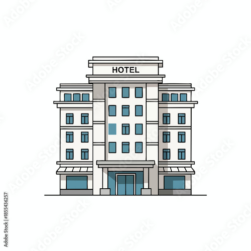 A symmetrical, stylized illustration of a three-story hotel, simple yet inviting design