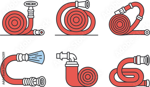 Collection of Red Fire Hoses and Nozzles in Various Configurations