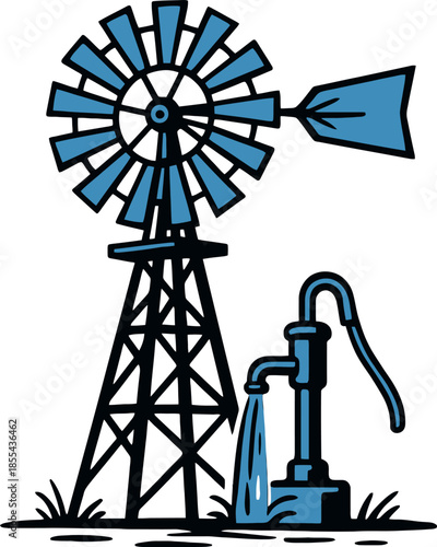 Farm Windmill Water Pump Blue Vector Illustration