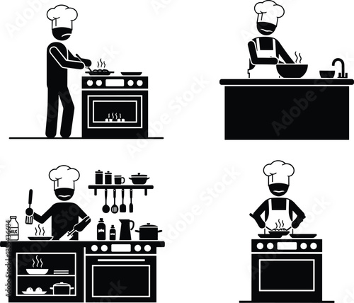 Chef Silhouette Icons in Kitchen Scenes Showing Cooking, Mixing, Chopping, Baking, Black Vector Set, Culinary Activity