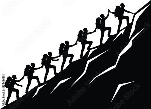 Vector silhouette illustration of a determined team of mountain climbers ascending a rugged peak, showing teamwork, leadership, cooperation, challenge, motivation, and achieving goals together.