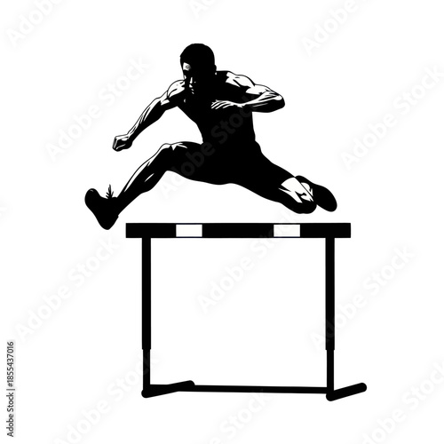 Silhouette of a Hurdler Clearing a Hurdle in a Race.
