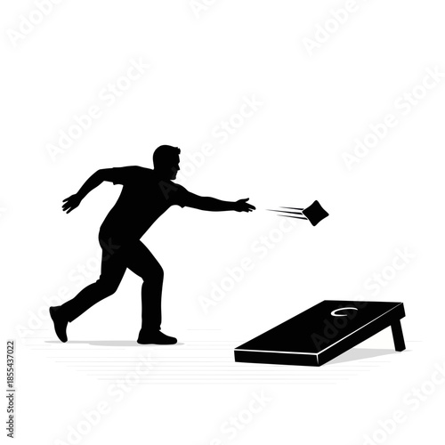 Silhouette of a man playing cornhole tossing a beanbag.