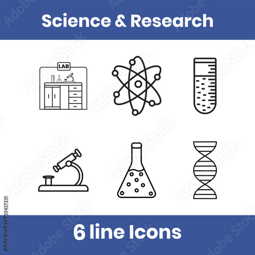 Science and research line icon set featuring microscope, test tube, DNA, chemistry flask, laboratory and atom. Minimal outline vector design for education, science apps, UI, and research projects.