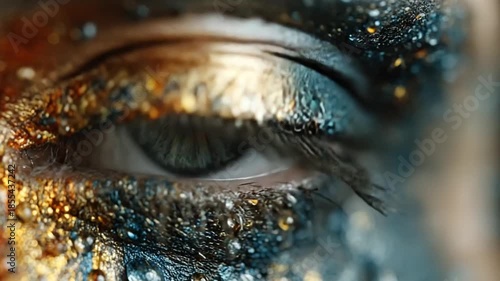 Close-up of a colorful eye with artistic paint details