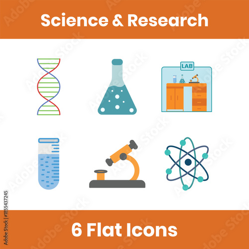Science and research flat icon set featuring microscope, a test tube, DNA, a chemistry flask, laboratory and atom. Clean vector design for education, science apps, UI, websites, and research projects.