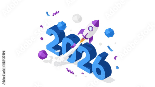 Isometric 3D illustration of the year 2026 with a launching rocket and confetti, symbolizing future growth and new beginnings.