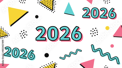 2026 with colorful geometric shapes and dotted patterns.