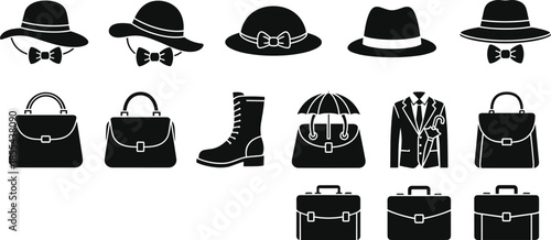 Fashion Accessory Silhouette Icons Showing Hats, Bags, Briefcases, Umbrella, Suit, Bow Tie, Black Vector Set, Style Elements