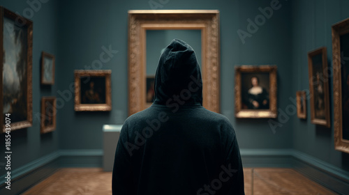 A man in a black hoodie standing in an art museum observing framed paintings on the wall
