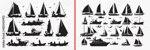 sailing boat silhouettes vector, ship silhouette clipart, sailboat svg bundle, nautical transport illustration, marine vessel shadows, ocean sailing graphics, yacht silhouette set, sea travel vector a