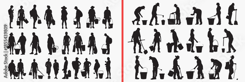 working people silhouettes vector, household activity clipart, daily task human poses, lifestyle work svg, cleaning cooking illustration, black activity silhouettes, home life vector art, people doing