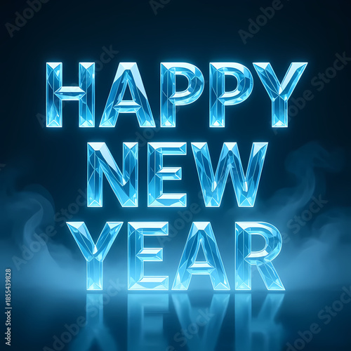 Clear crystal text “HAPPY NEW YEAR” with icy blue glow and light mist