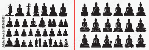 buddha meditation silhouettes vector, yoga pose clipart, spiritual zen svg, mindfulness illustration, monk meditation graphics, black buddha silhouettes, spiritual vector art, calm yoga design, medita