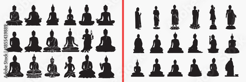 buddha meditation silhouettes vector, yoga pose clipart, spiritual zen svg, mindfulness illustration, monk meditation graphics, black buddha silhouettes, spiritual vector art, calm yoga design, medita