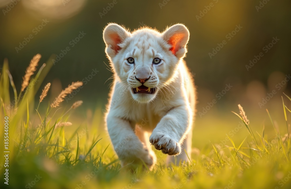 Obraz premium Rare white lion cub runs through green grass field at sunset. Young big cat cub light fur, blue eyes, playful expression, looking at camera. Golden hour light illuminates wild animal cub exploring