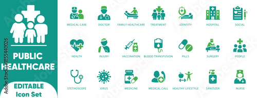 Public Healthcare Community Icon Set. Family Doctor and Hospital Social Service Vector Symbols.