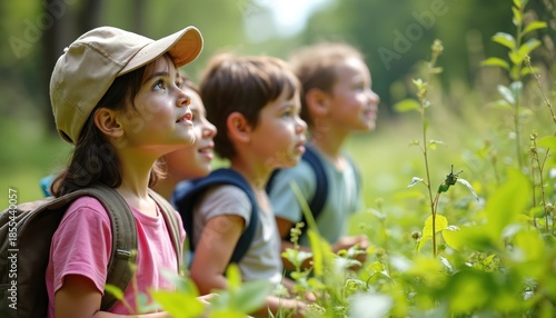 Children with backpacks observe a butterfly perched on a plant stem. Young explorers focus intently on nature during an outdoor learning adventure. Kids discover the wild.