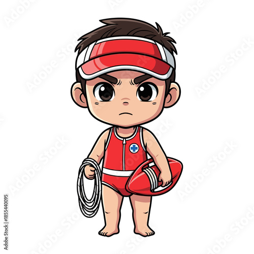 Angry Cartoon Boy in Red Swimsuit.
