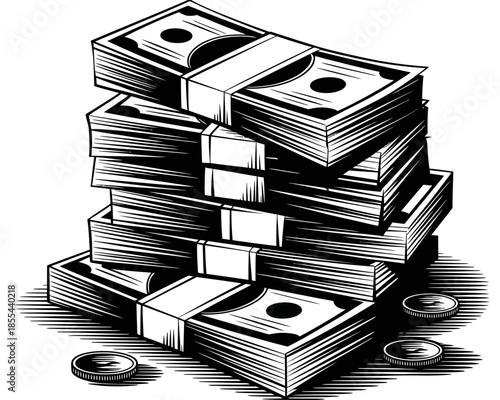 Large stack of money illustration in black and white woodcut style