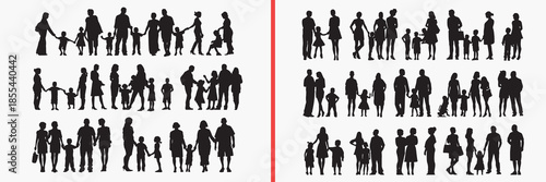family people silhouettes vector, group human figures, parents kids clipart, family lifestyle svg, people standing illustration, black family silhouettes, social life vector art, human group graphics,