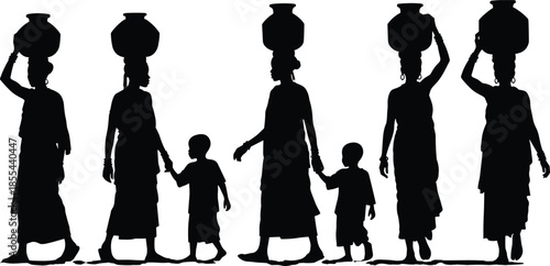African women carrying water pots on heads silhouettes, mothers walking with children, traditional village life scene, tribal community culture, vector illustration, rural.