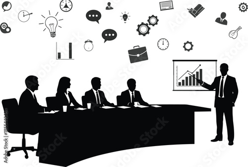 Business meeting silhouette vector, presentation with financial charts, corporate team workshop, professional seminar icons, leadership strategy session, office brainstorming and creative planning,