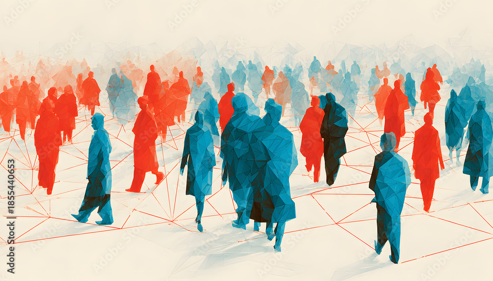 Obraz premium Human connections with blue figures and red linking lines, symbolizing networking and interaction.