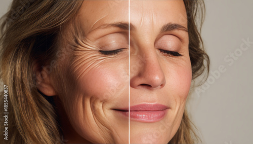 Wallpaper Mural A middle-aged woman's face showing contrasting skin textures with a joyful expression, detailed facial features, fine lines, and natural makeup Torontodigital.ca