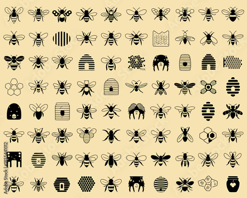 Monochromatic collection of bee and beehive icons pattern