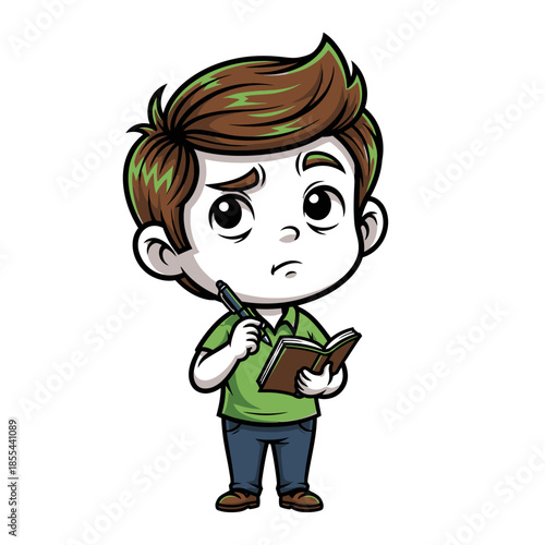 Cartoon boy thinking with notebook and pen.