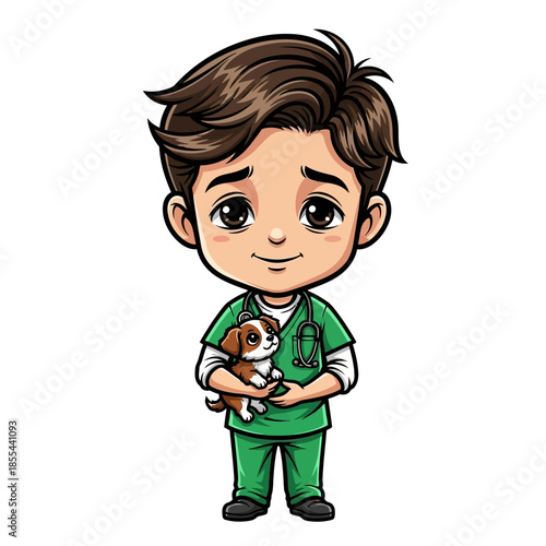 Cartoon Boy Veterinarian Holding Small Dog.