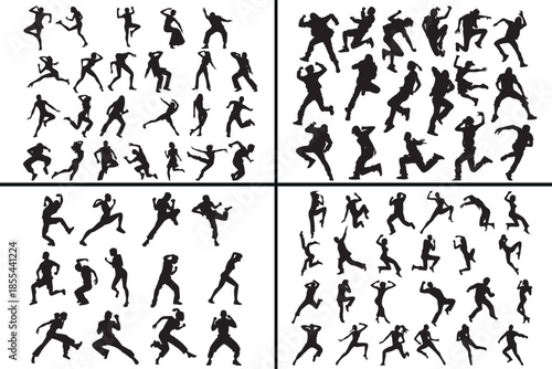 dancing people silhouettes vector, action human poses, energetic movement clipart, performance dance svg, active lifestyle illustration, black action silhouettes, motion people vector art, dynamic bod