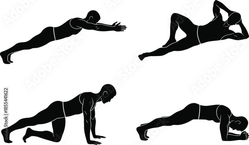 Fitness man doing plank variations, mountain climbers, side planks, and core strengthening exercises set, black silhouette isolated on white background, workout vector,