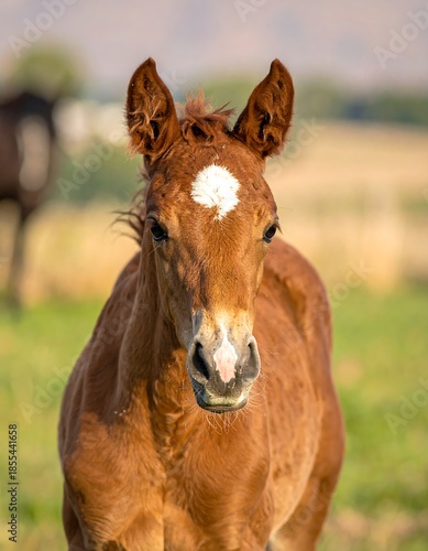 Close-up of a young chestnut horse with a white diamond on its forehead