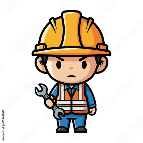 Cartoon Construction Worker with Wrench Tool.