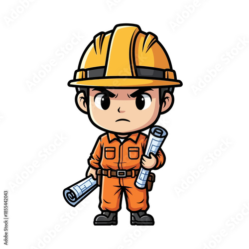 Cartoon Construction Worker with Blueprints.