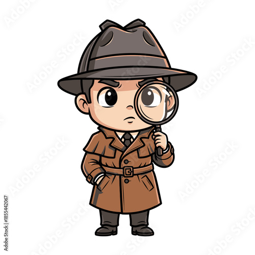 Cartoon Detective Character with Magnifying Glass.