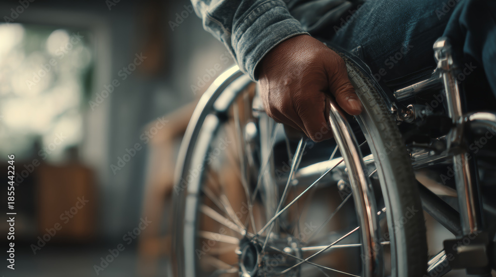 Obraz premium A person in a wheelchair holding the wheel, showcasing mobility aid with metal spokes and rubber tire in a well-lit indoor environment