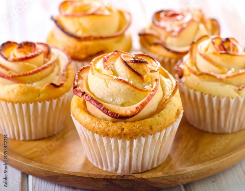 Close-up of baked cupcakes, topped with apple slices as decorative roses