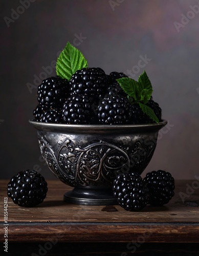 Close-up of blackberries in a detailed silver bowl on a wood surface