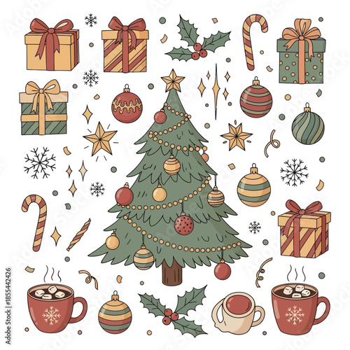 Festive Christmas Tree and Holiday Decorations A HandDrawn Celebration.